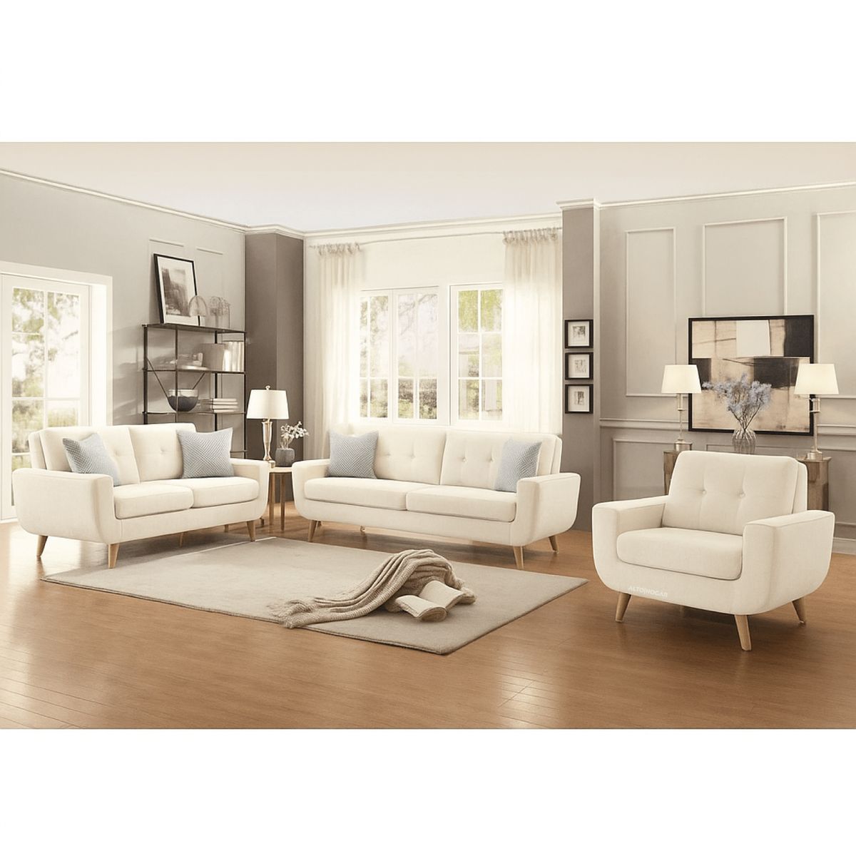 ALTO HOGAR - Juego de Sala 3 2 1 Karime Crema + Cojines Decorativos Antifluido