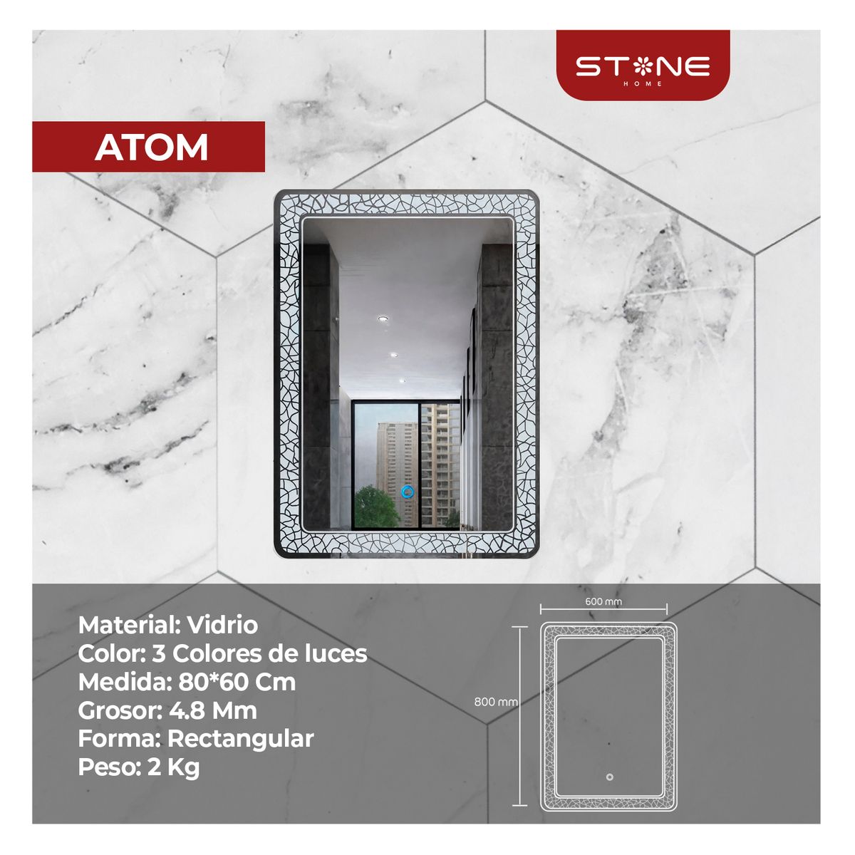 STONE - ESPEJO LED TACTIL MOD ATOM STONE