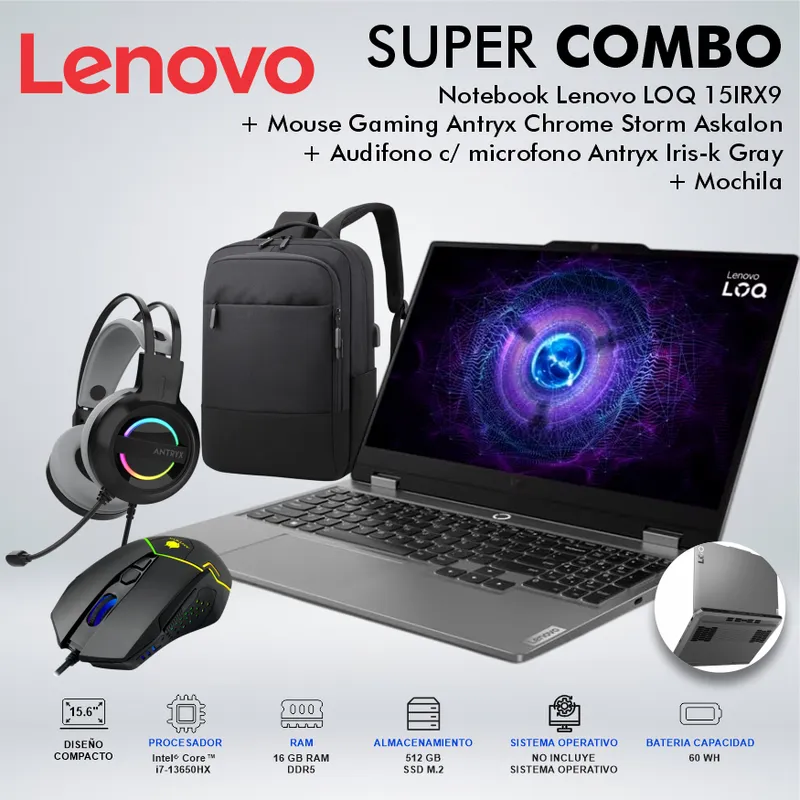 LENOVO - LAPTOP LENOVO LOQ 15IRX9 CORE i7-13650HX MEMORIA 16GB DISCO 512GB SSD M2