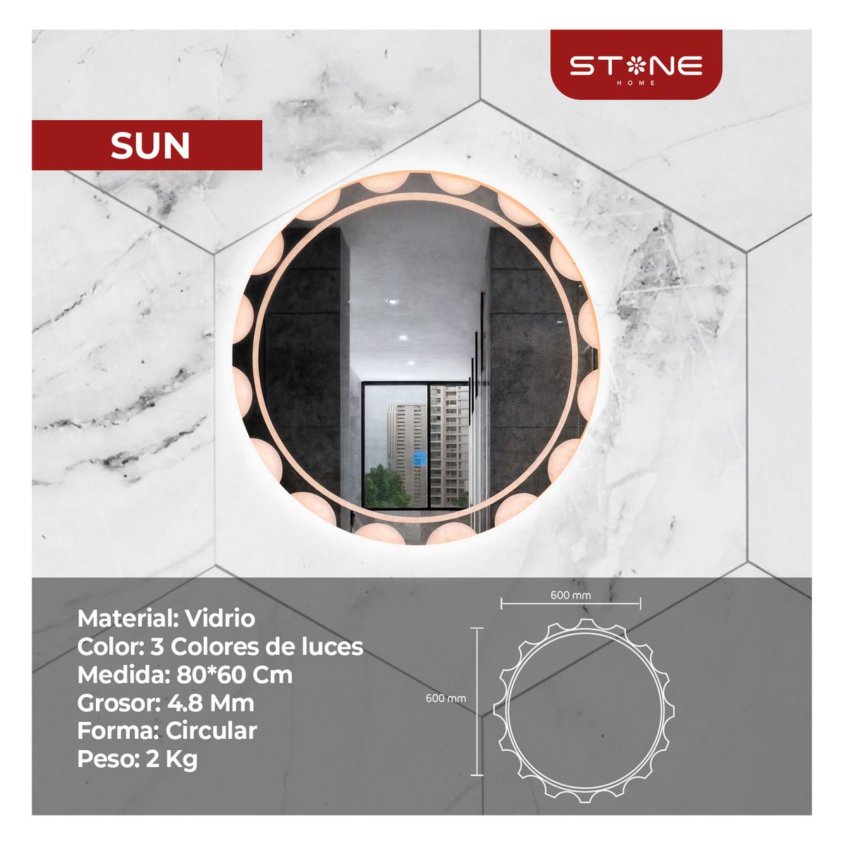 STONE - ESPEJO LED TACTIL SUN STONE