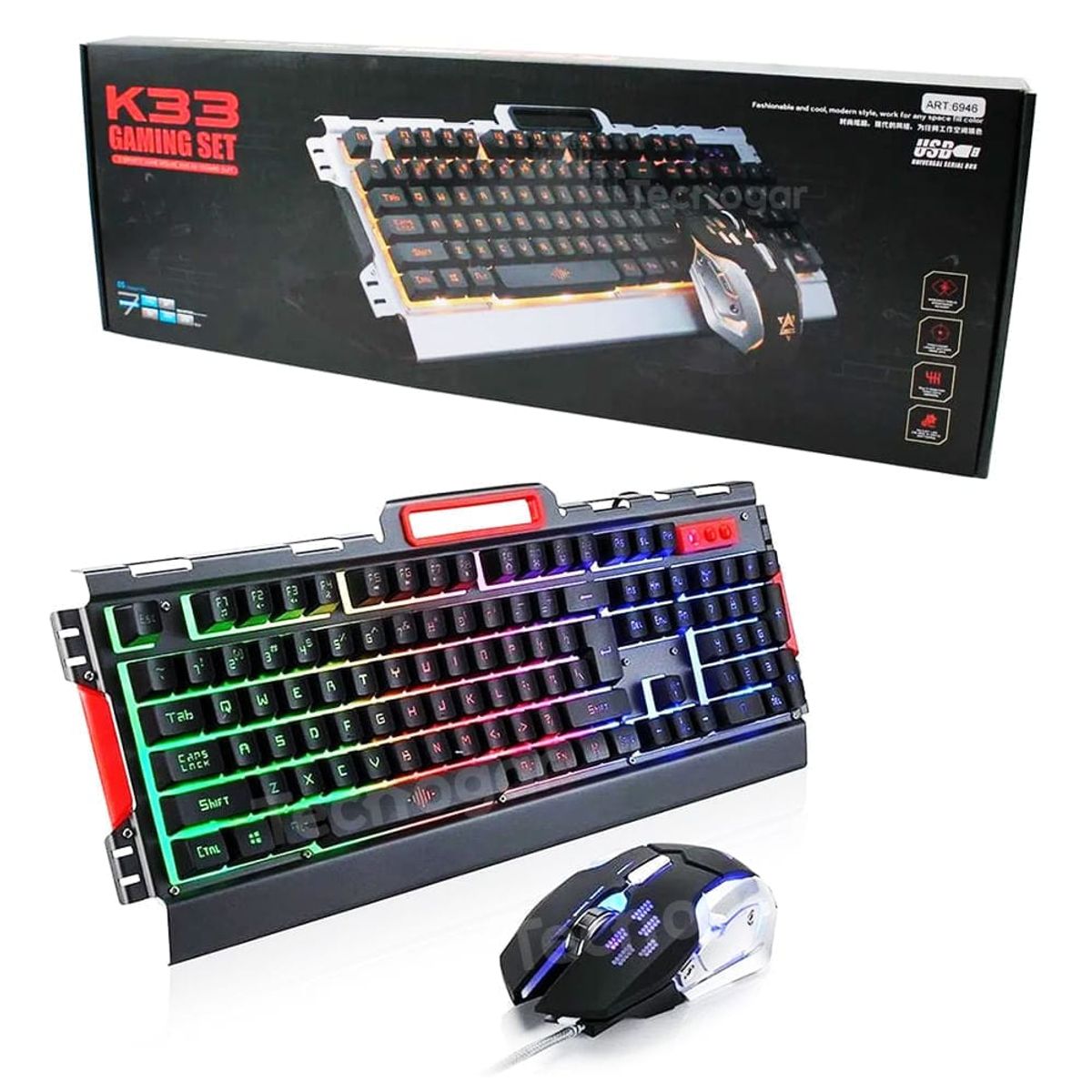 OEM - Teclado y Mouse Gaming RGB Negro K33 con Luces LED y DPI 3200