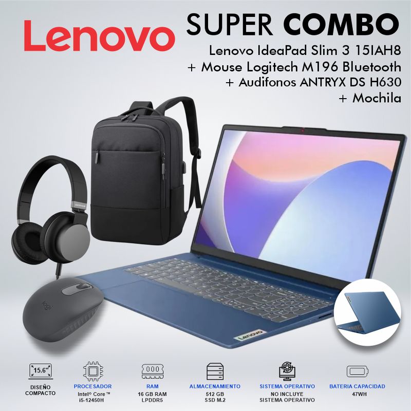 LENOVO - LAPTOP IDEAPAD SLIM 3 15IAH8 CORE i5-12450H MEMORIA 16GB DISCO 512GB SSD M2