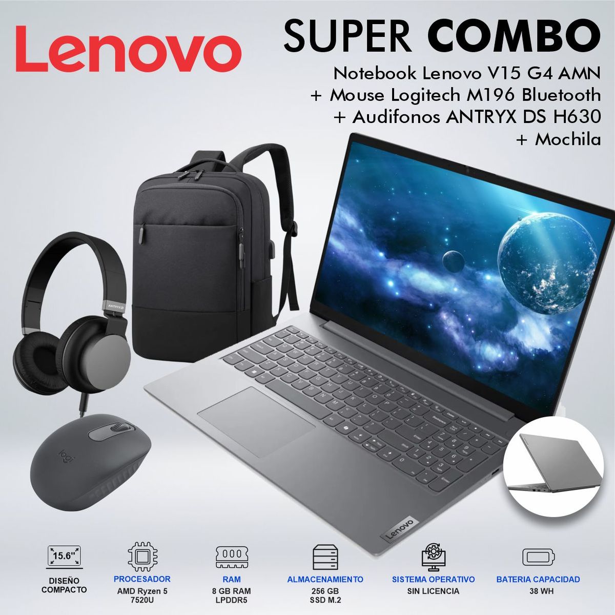 LENOVO - LAPTOP LENOVO V15 G4 AMN RYZEN 5  7520U MEMORIA 8GB DISCO 256GB SSD M2