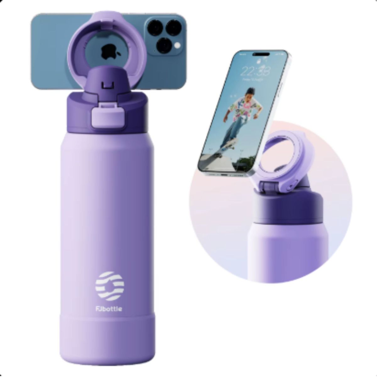 FJBOTTLE - FJbottle - Botella Mug Témico con soporte magnético para teléfono acero inox con tapa de tritán 710ml - Púrpura