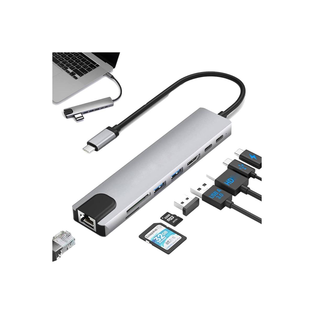 GENERICO - ADAPTADOR TIPO C CONVERTIDOR A HDMI USB CAR-MICRO SD-8 EN 1