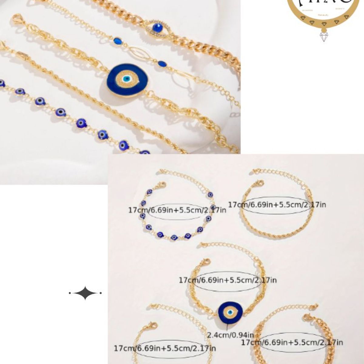 GENERICO - 5 pulseras elegantes con diseño de ojo, incrustadas con strass