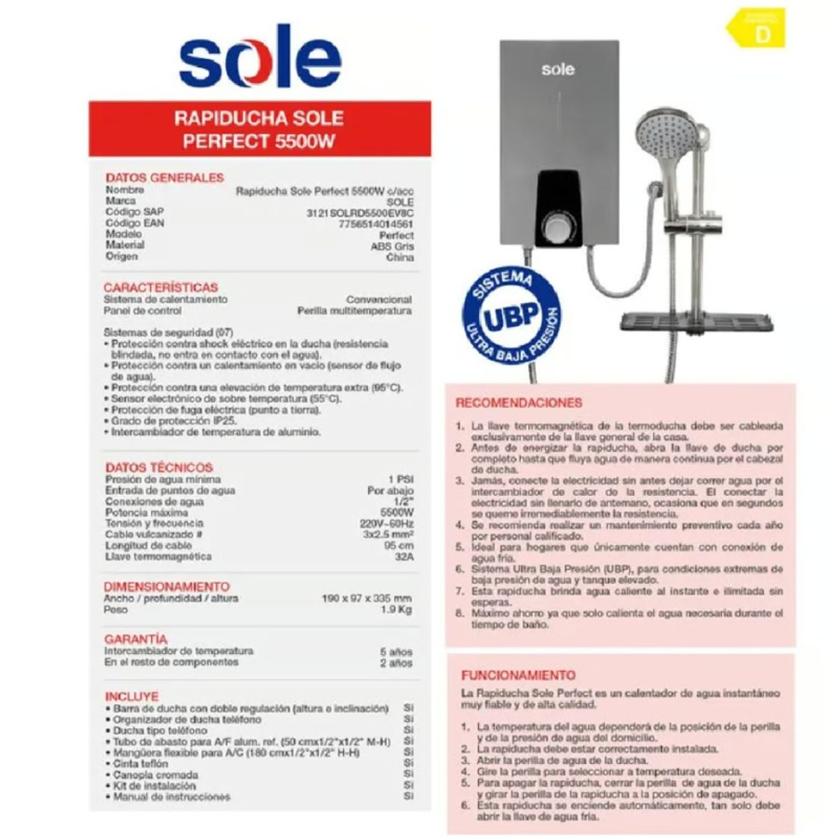 SOLE - Ducha Eléctrica Sole Perfect 5500W Rapiducha Color Gris