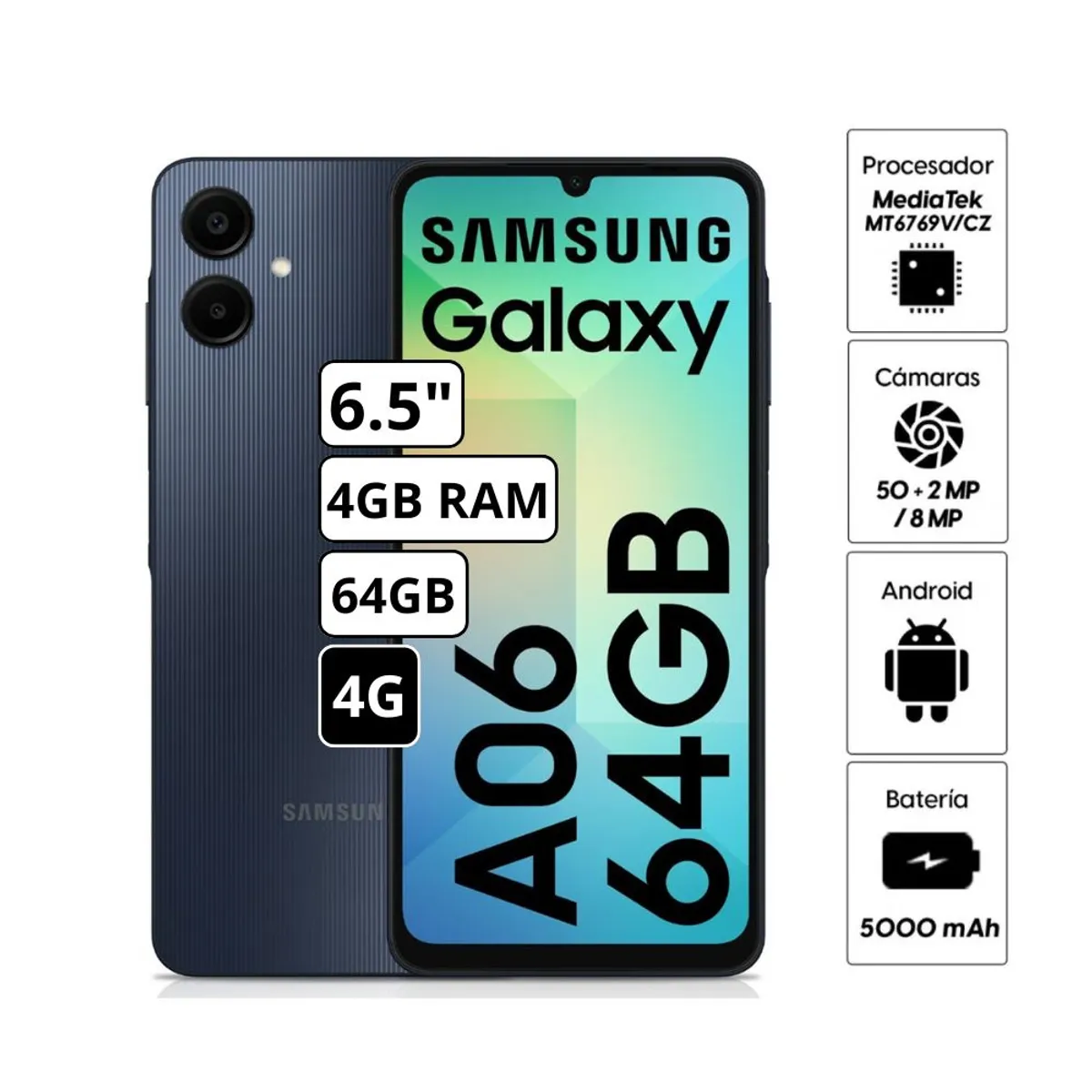 SAMSUNG - Celular Samsung Galaxy A06 4GB RAM 64GB Cámara Principal 50MP + 2MP Frontal 8MP 6.7"  Pulg. - Negro