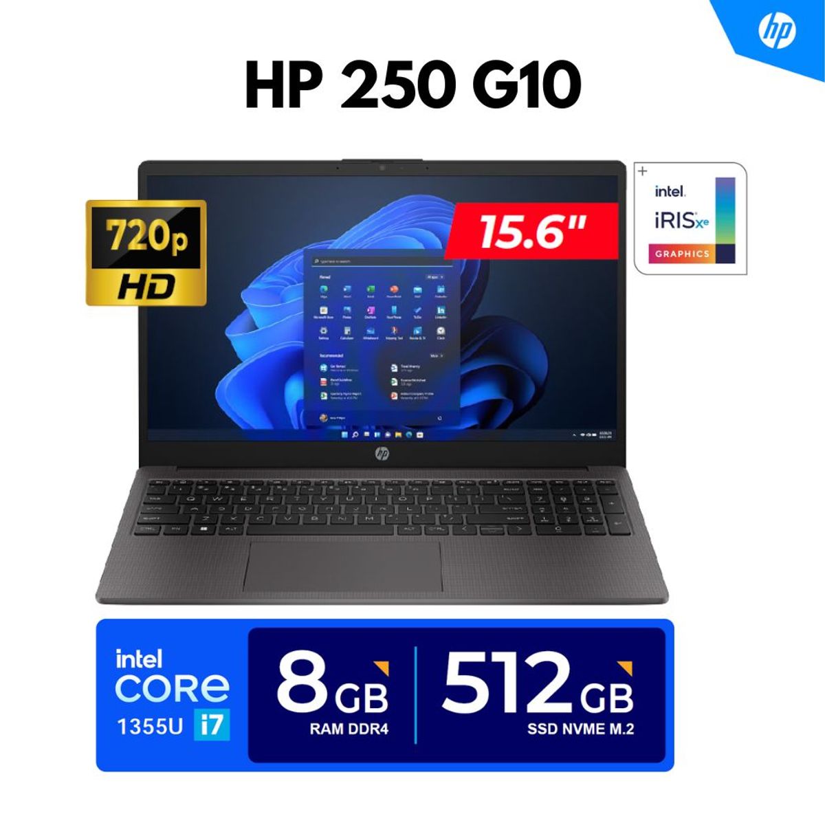 HP - LAPTOP HP 250 G10 / 15.6" HD LED / Core i7-1355U, 5.0GHz, 10 Núcleos / 8GB DDR4, 512GB SSD/ FREEDOS