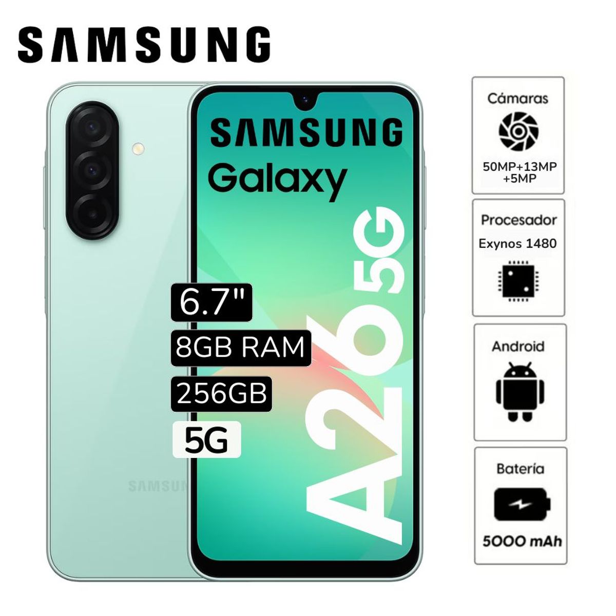 SAMSUNG - Celular Libre Samsung Galaxy A26 5G 6.7"  Pulg 8GB RAM 256GB - Verde Menta