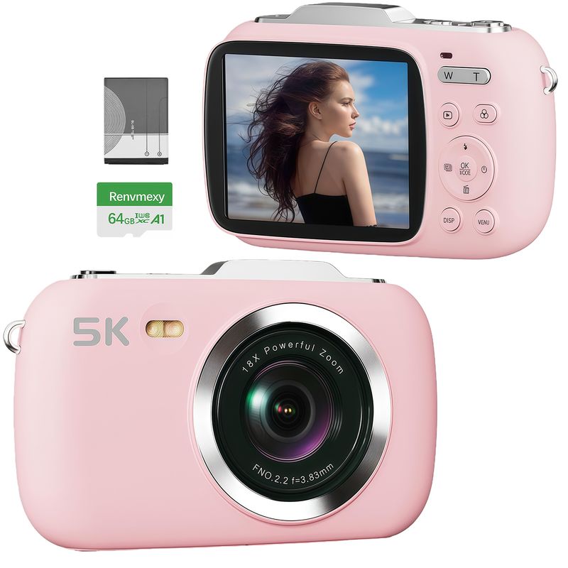 RENVMEXY - Cámara Digital 5K 64MP G7 Rosa+64GB