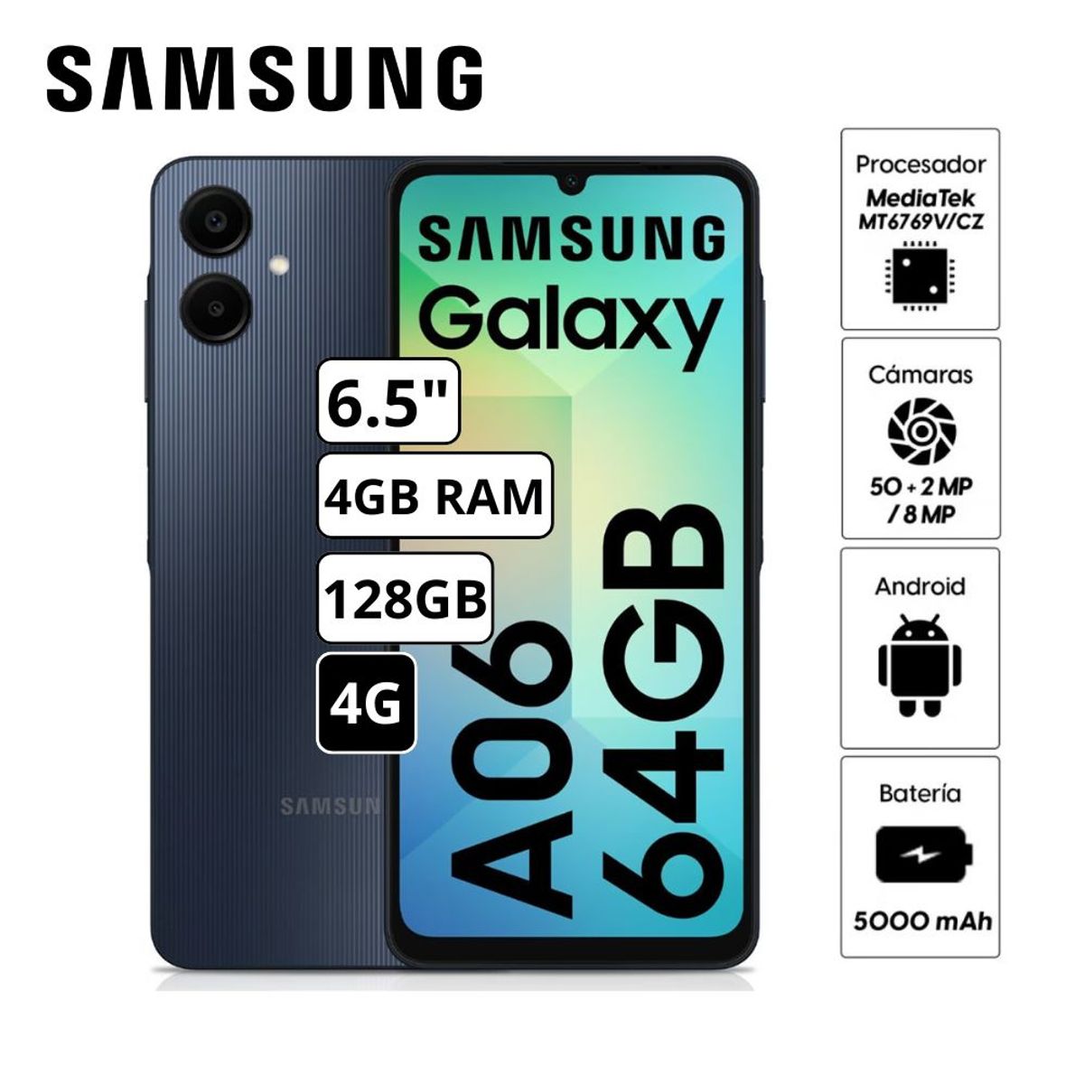SAMSUNG - Celular Samsung Galaxy A06 4GB RAM 128GB Cámara Principal 50MP + 2MP Frontal 8MP 6.7"  Pulg. - Negro