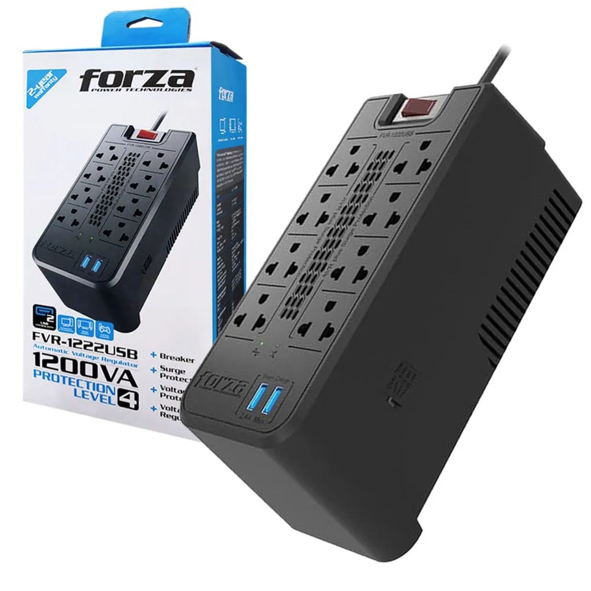 FORZA - Estabilizador de Voltaje Forza FVR-1222 USB 1200va 600w Color Negro