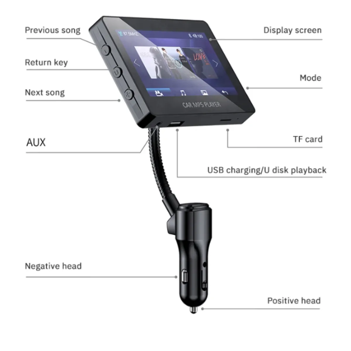 GENERICO - Transmisor con Pantalla Reproductor mp5 FM Bluetooth con Control