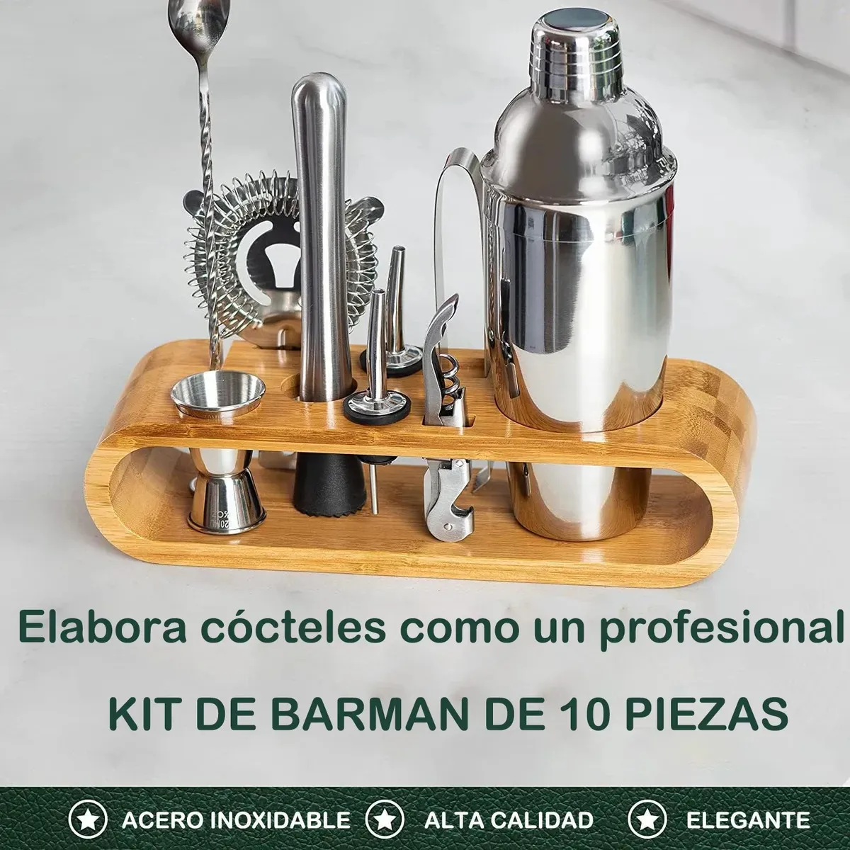 EVERSO - Juego Coctelera Set Utensilios Bar Acero Inoxidable 10 Pzs