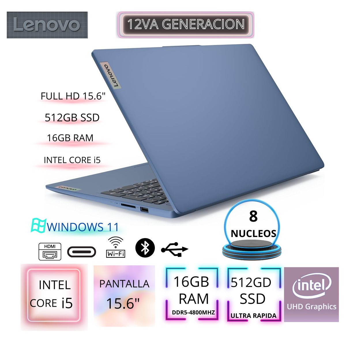 LENOVO - Laptop Lenovo IdeaPad Slim 3 15.6" FHD TN, Core i5-12450H, 12va Gen, Ram 16GB, SSD 512GB windows