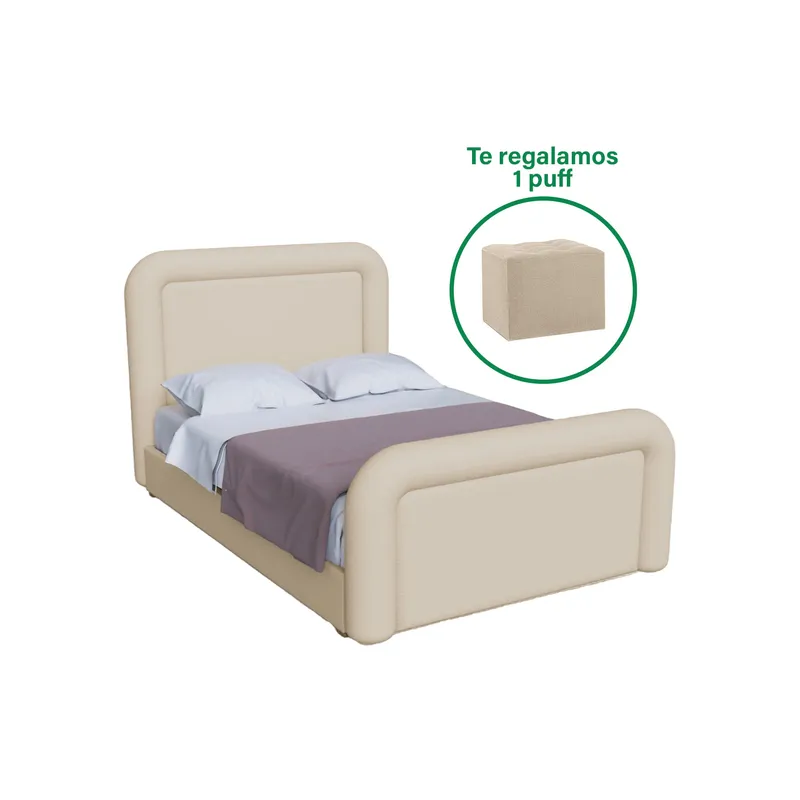 MUEBLES MACRUMO - Cama tapizada Premium Lujo Beige 1.5 Plz + puff gratis