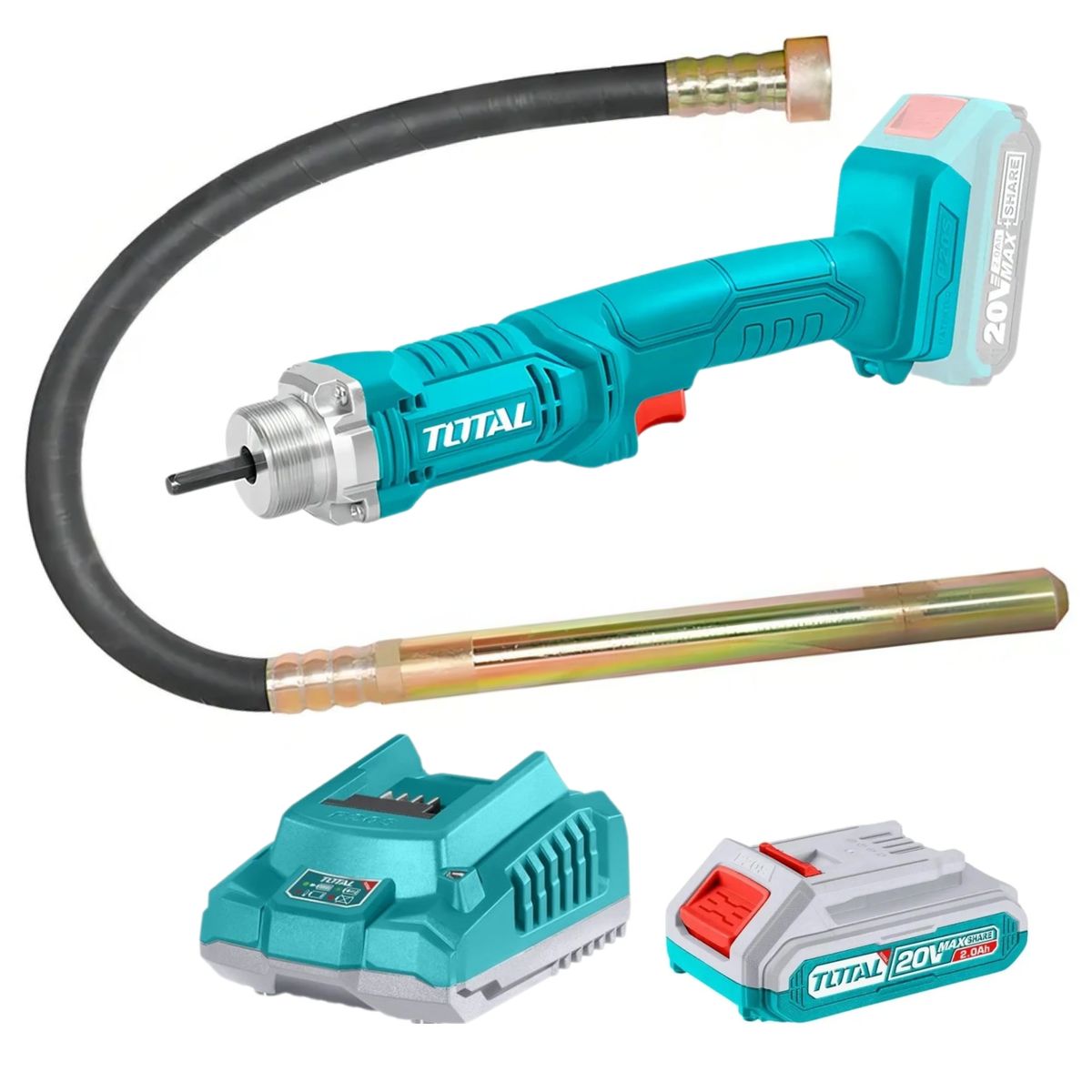 TOTAL TOOLS - Vibrador de concreto 20V, con 1 batería y cargador