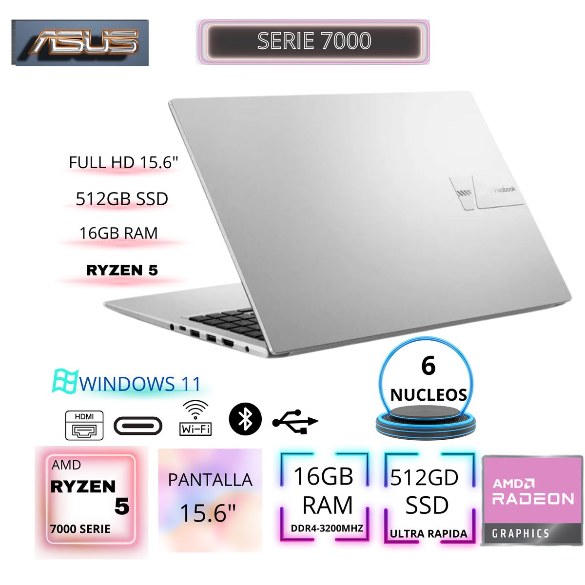 ASUS - Laptop Asus Vivobook M1502YA-NJ544 AMD Ryzen 5-7430U 16GB RAM 512GB SSD 156 FHD