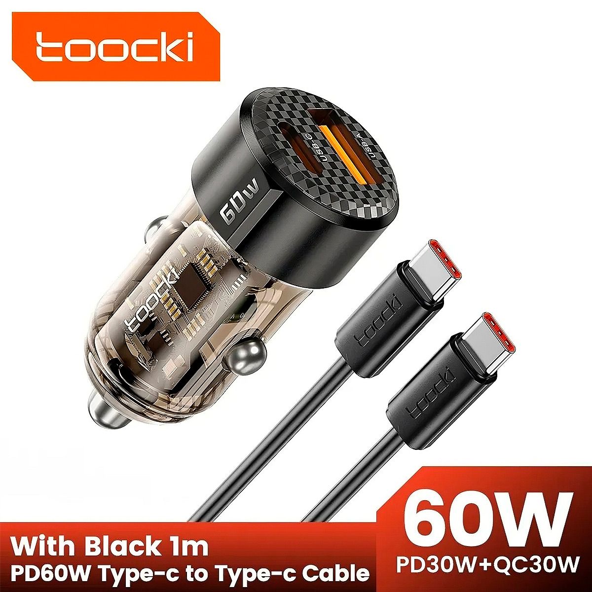 GENERICO - Cargador Toocki Cigarrera Auto Carro 60w Con Cable Tipo C