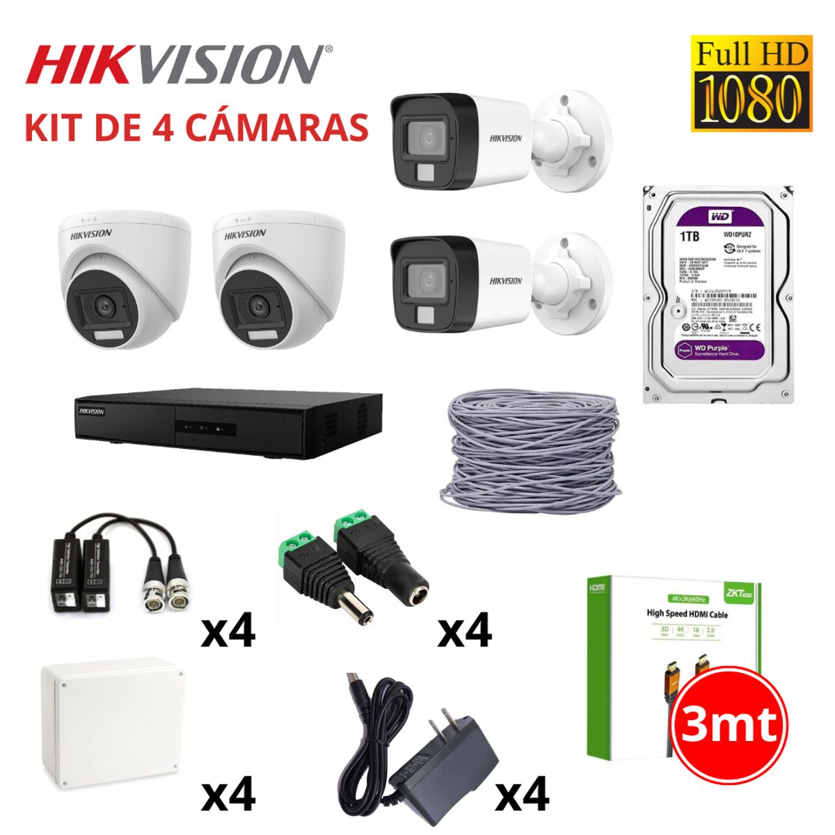 HIKVISION - KIT 4 CÁMARAS DE SEGURIDAD FULL HD CON AUDIO + DISCO 1TB PURPURA