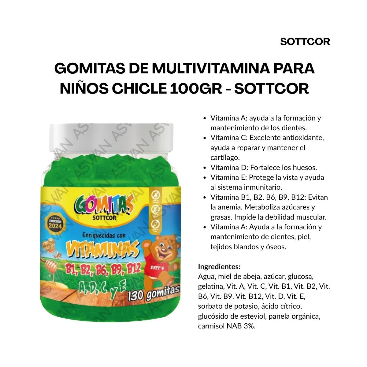 GENERICO - GOMITAS DE MULTIVITAMINA PARA NIÑOS 130 UNIDADES SOTTCOR 100GR CHICLE