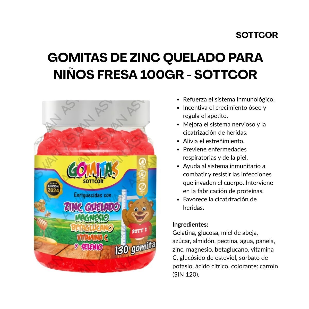 GENERICO - GOMITAS DE ZINC QUELADO PARA NIÑOS 130 UNIDADES SOTTCOR 100GR FRESA