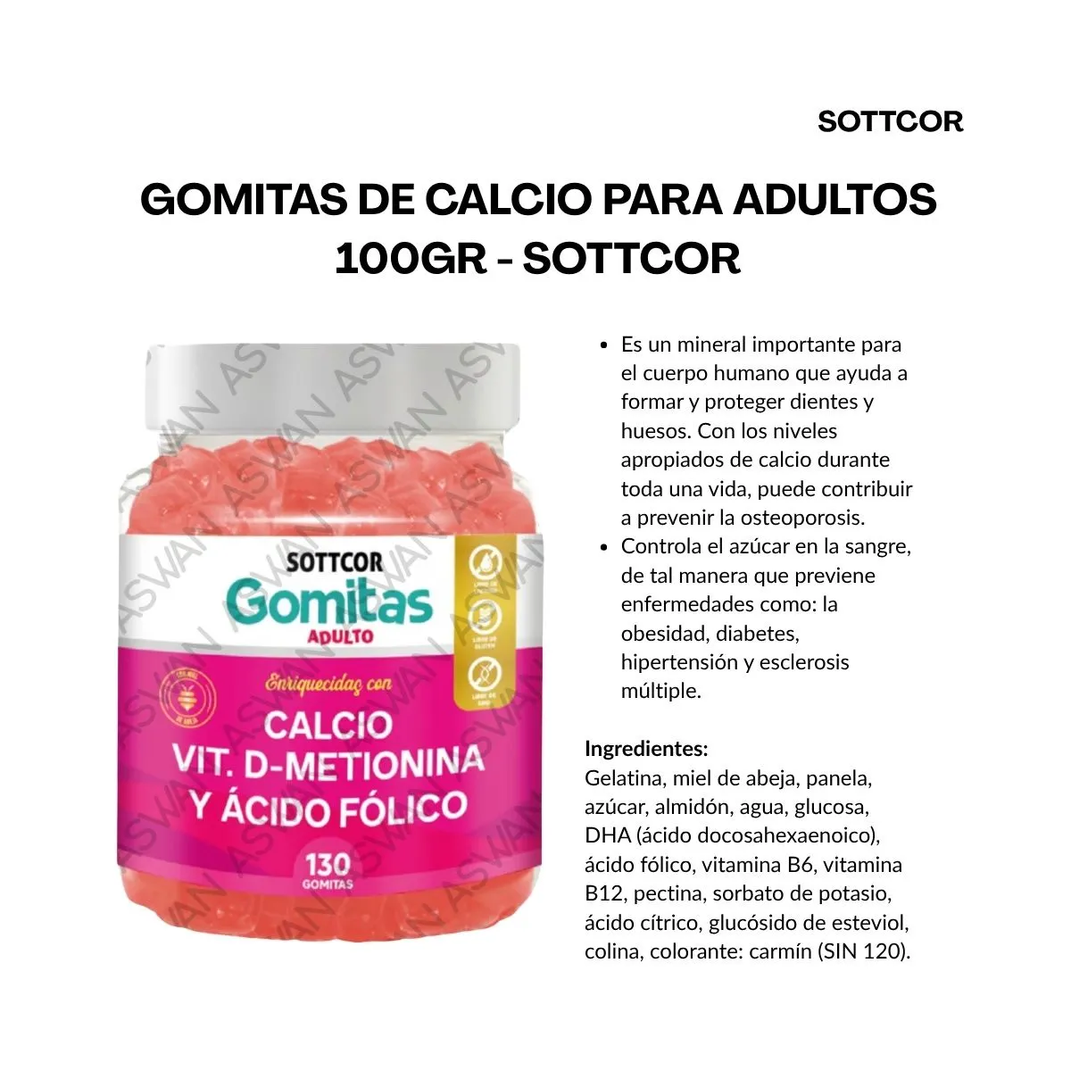 GENERICO - GOMITAS DE CALCIO PARA ADULTOS 130 UNIDADES SOTTCOR 100GR