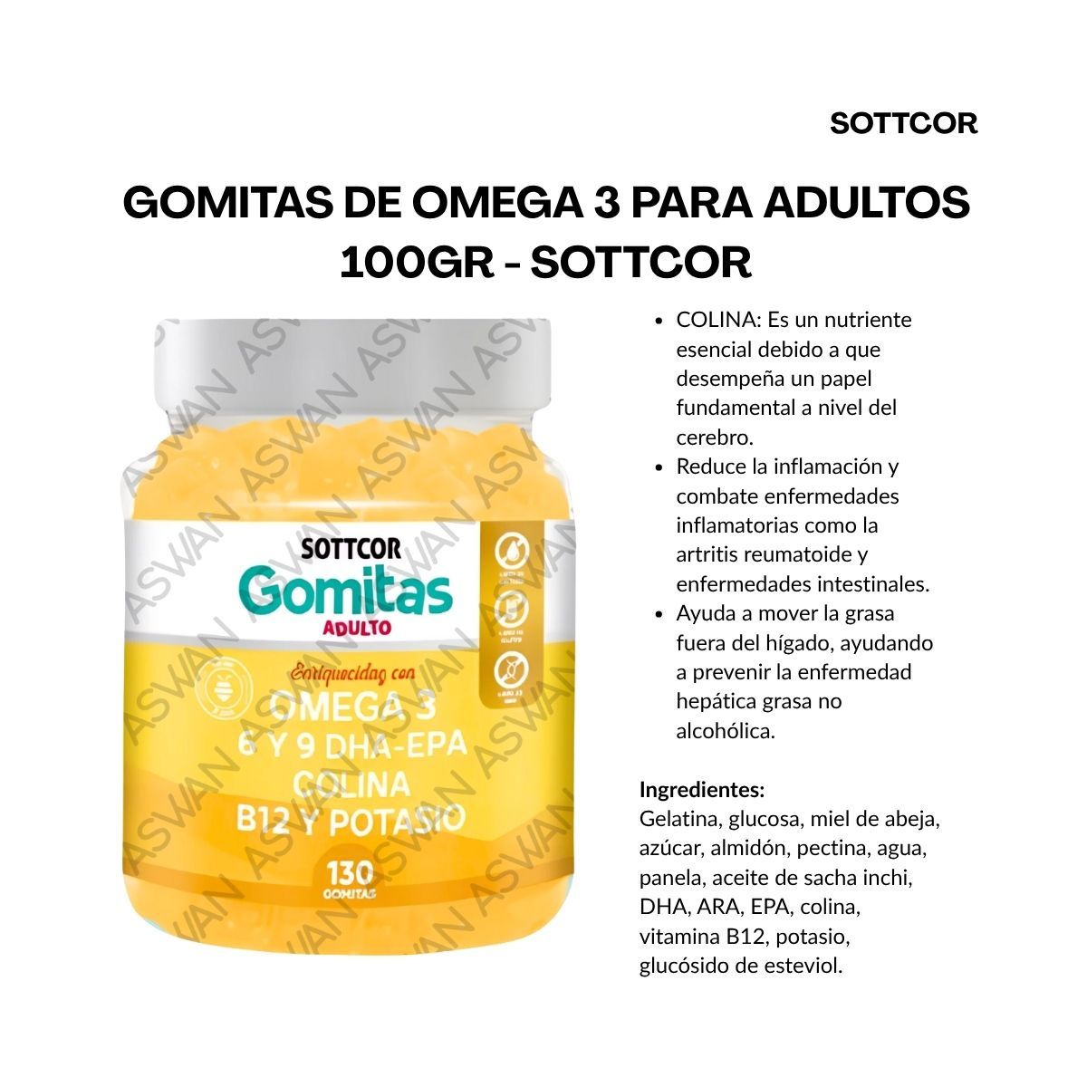GENERICO - GOMITAS DE OMEGA 3 PARA ADULTOS 130 UNIDADES SOTTCOR 100GR