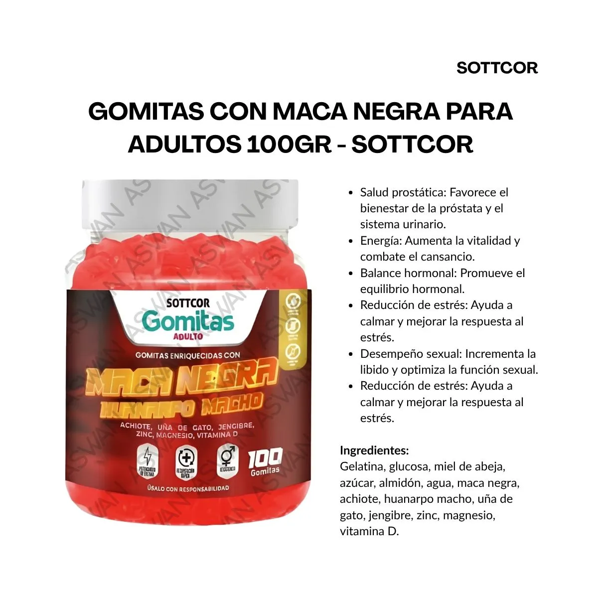 GENERICO - GOMITAS CON MACA NEGRA PARA ADULTOS 130 UNIDADES SOTTCOR 100GR