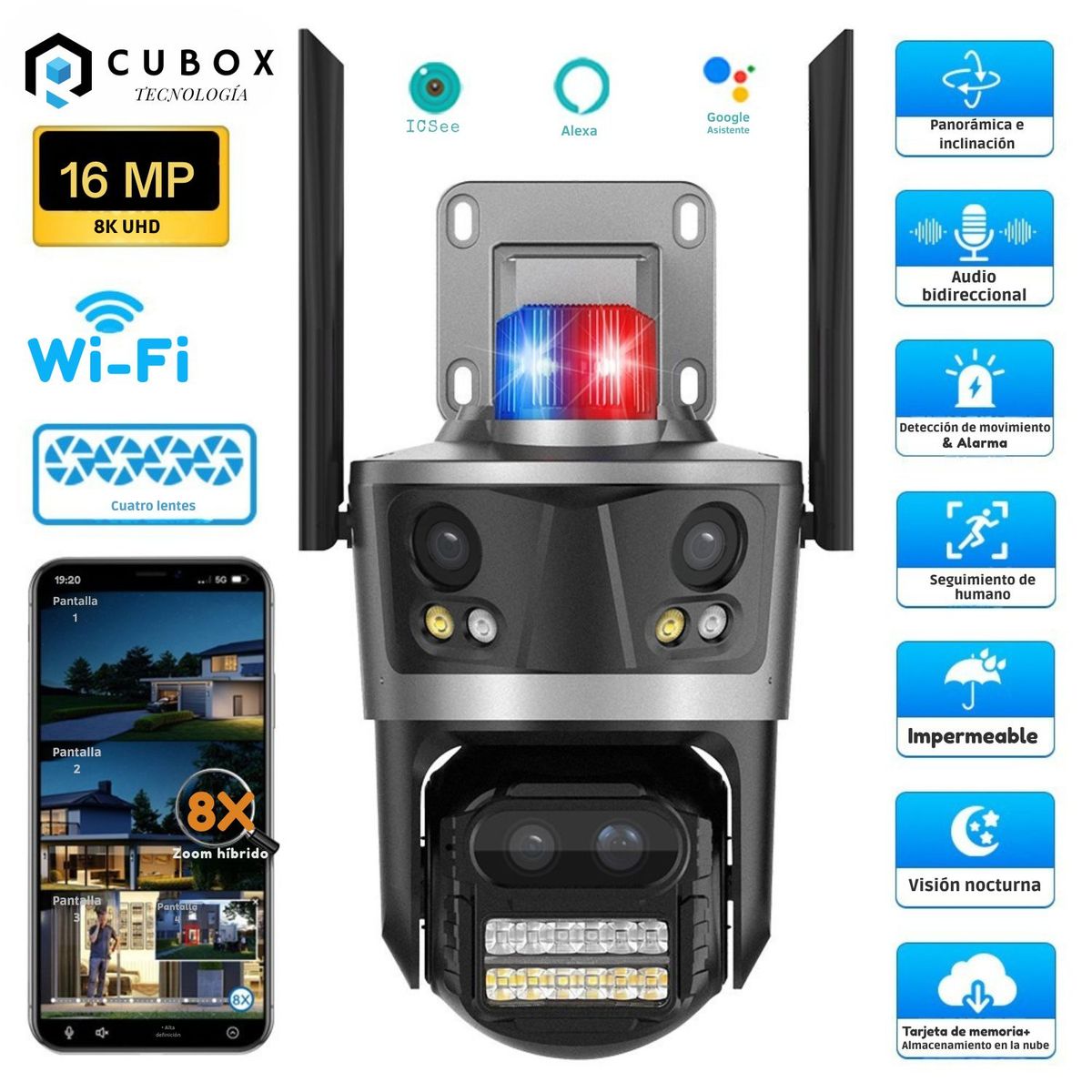 OEM - Cámara PTZ WiFi Triple Lente 360°  Alarma Sirena y Visión Total Exterior