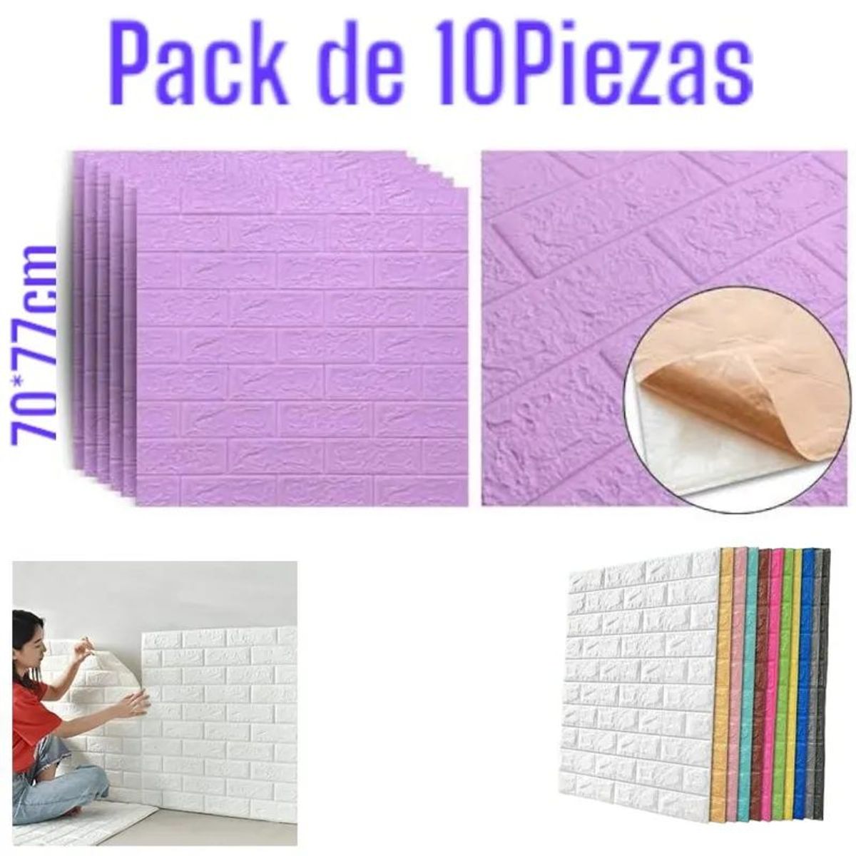 GENERICO - PAPEL TAPIZ LADRILLO LILA 3D ADHESIVA SET X 10UNIDADES