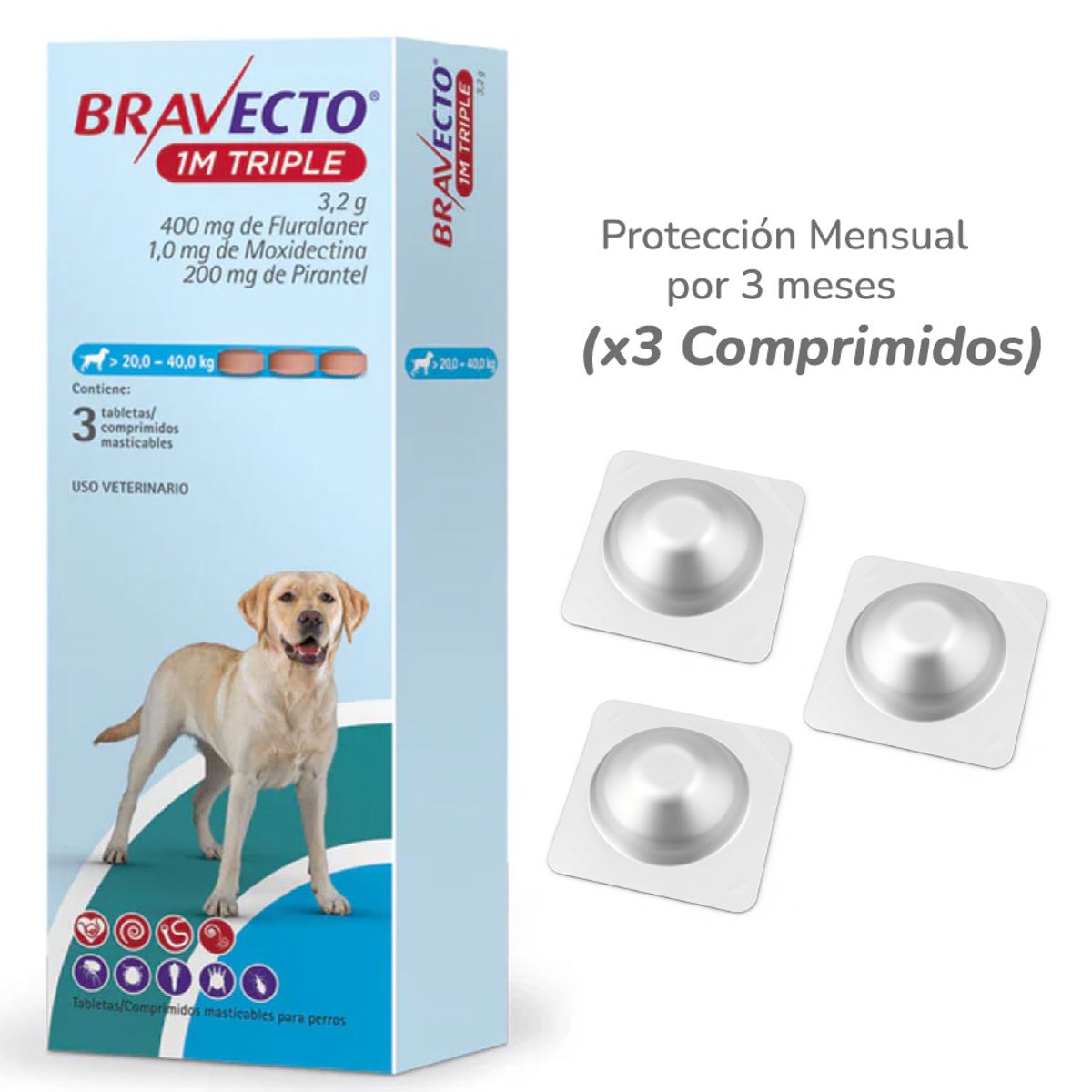 BRAVECTO - Bravecto 1M Triple para perros de 20 - 40 kg