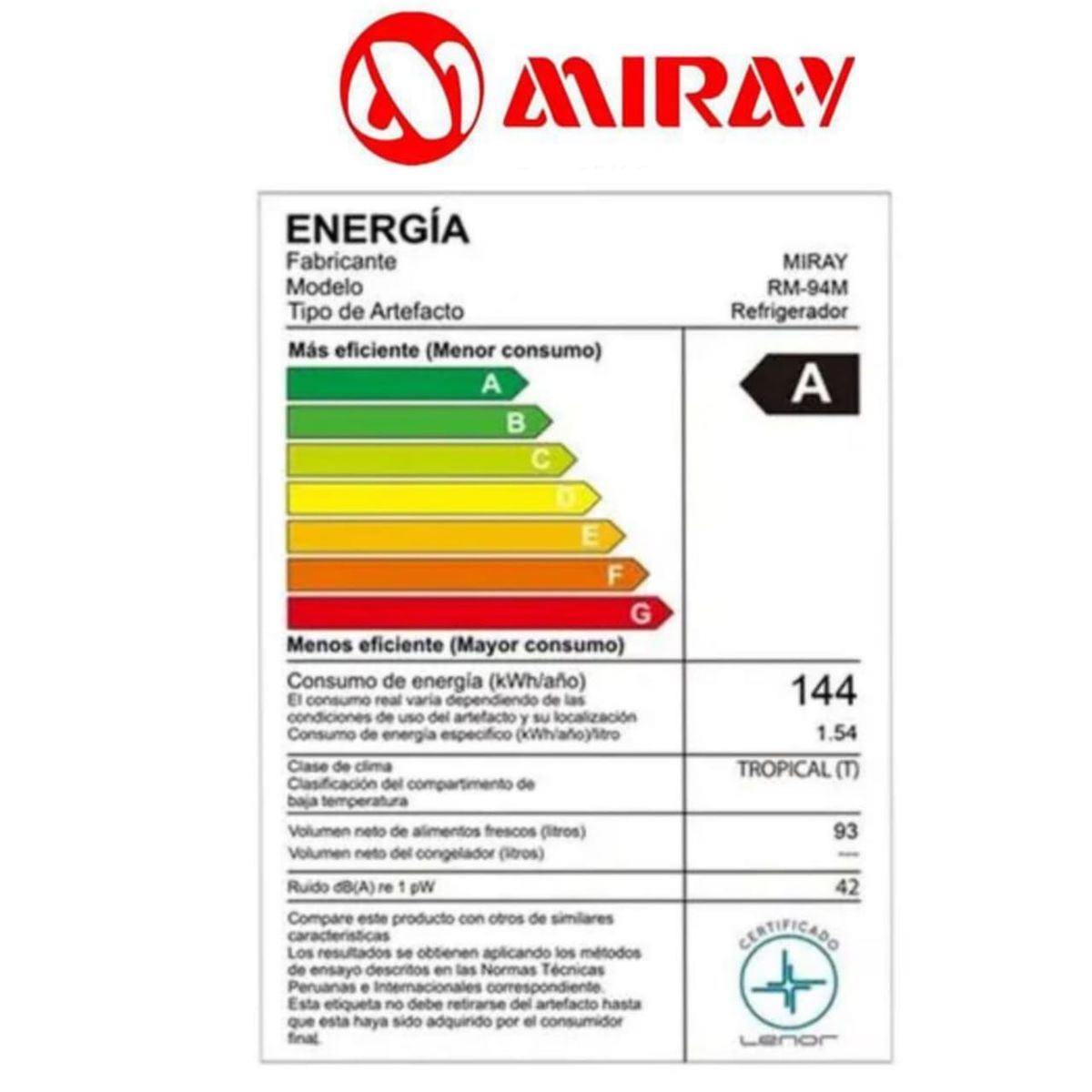MIRAY - Frigobar Refrigeradora MIRAY RM-93M 93L