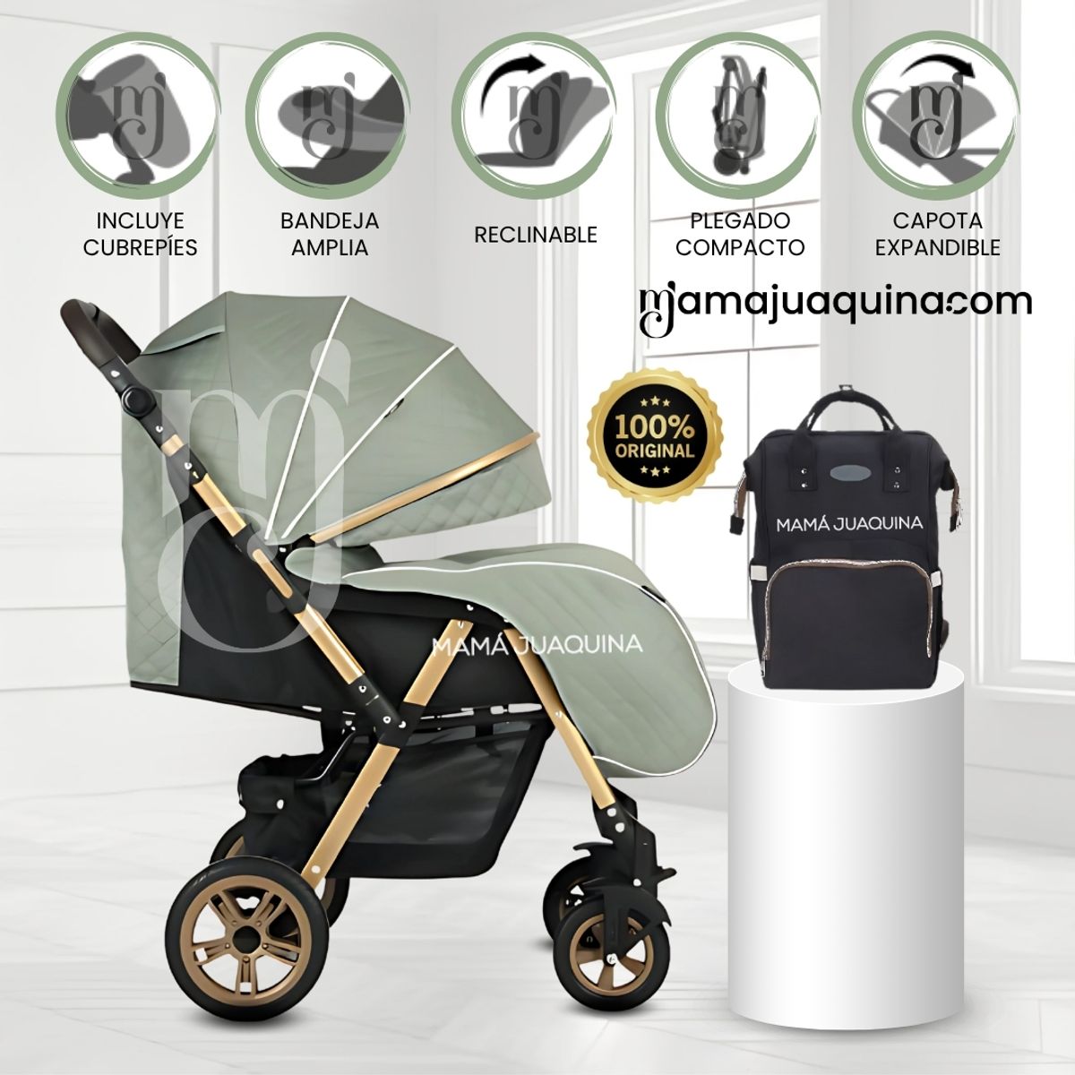 BABY - Coche Cuna de Lujo con Mochila Pañalera «VALEN PLUS» Green