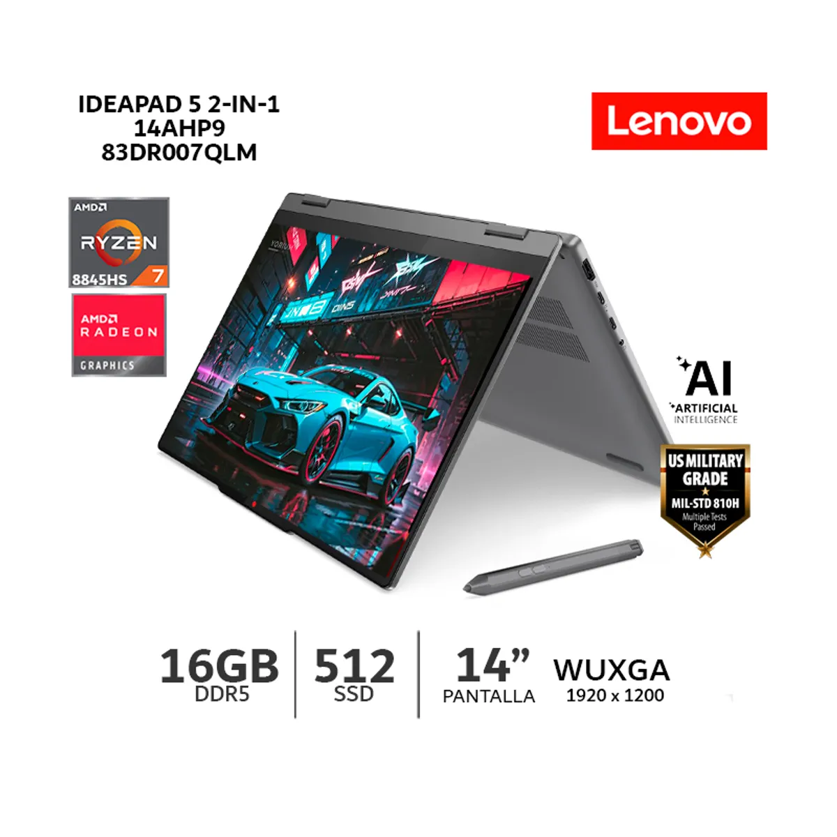 LENOVO - Laptop Lenovo IdeaPad 5 2-in-1 14AHP9 14" Tactil/ Ryzen 7-8845HS/ 16Gb Ram/ 512Gb SSD/ 83DR007QLM