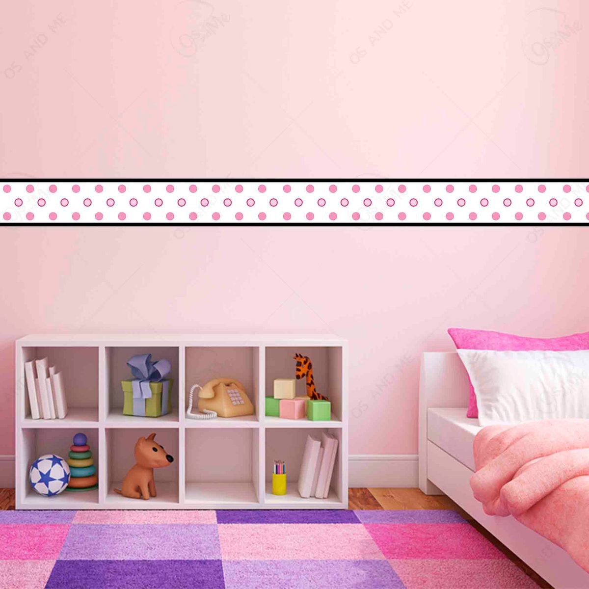 GENERICO - Cenefa Moderna Autoadhesiva Decorativa – Blanco puntos rosa – 5.92 mts