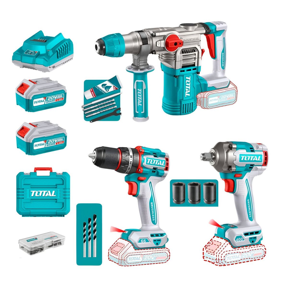 TOTAL TOOLS - Taladro Percutor 66nm + Llave de Impacto 400nm + Rotomartillo Total