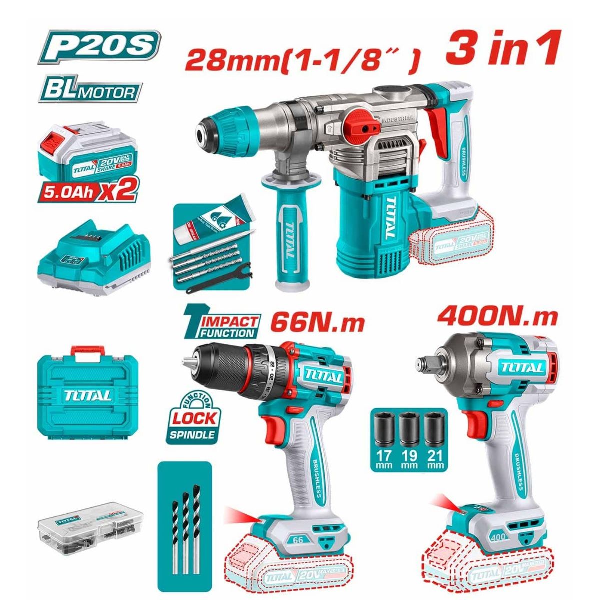 TOTAL TOOLS - Taladro Percutor 66nm + Llave de Impacto 400nm + Rotomartillo Total