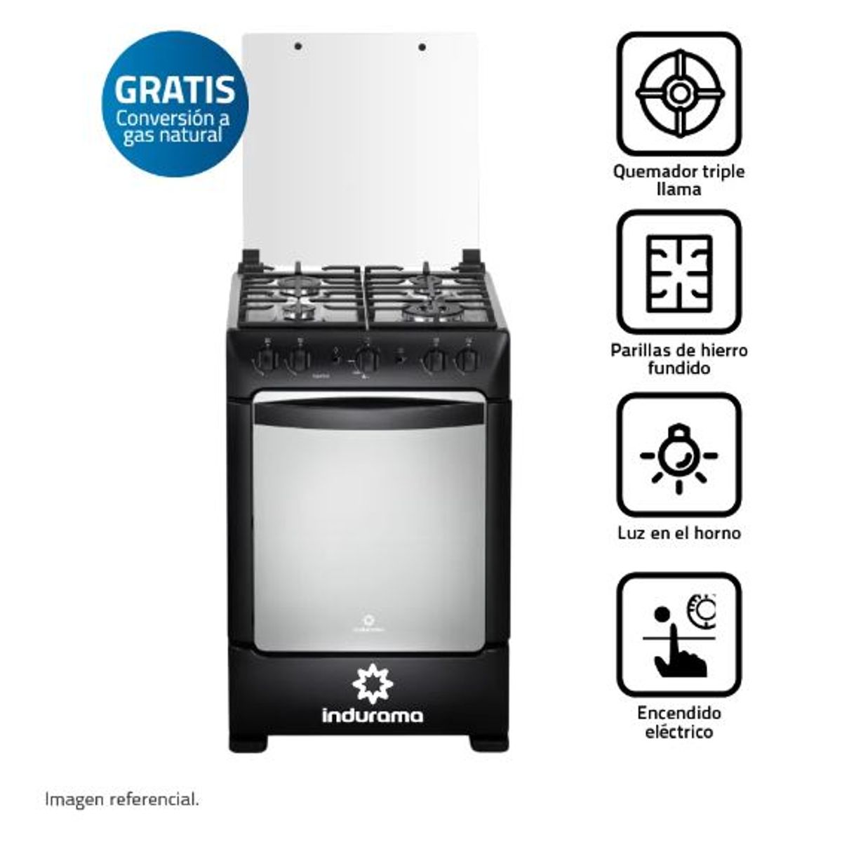 Cocina a Gas Indurama POMPEYA 4 Hornillas Zafiro Negra, marca INDURAMA - Foto 2