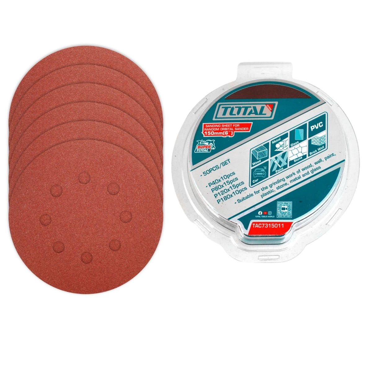 TOTAL TOOLS - LIJAS PARA LIJADORA ORBITAL JUEGO DE 50pcs Lija Redonda 6 TOTAL