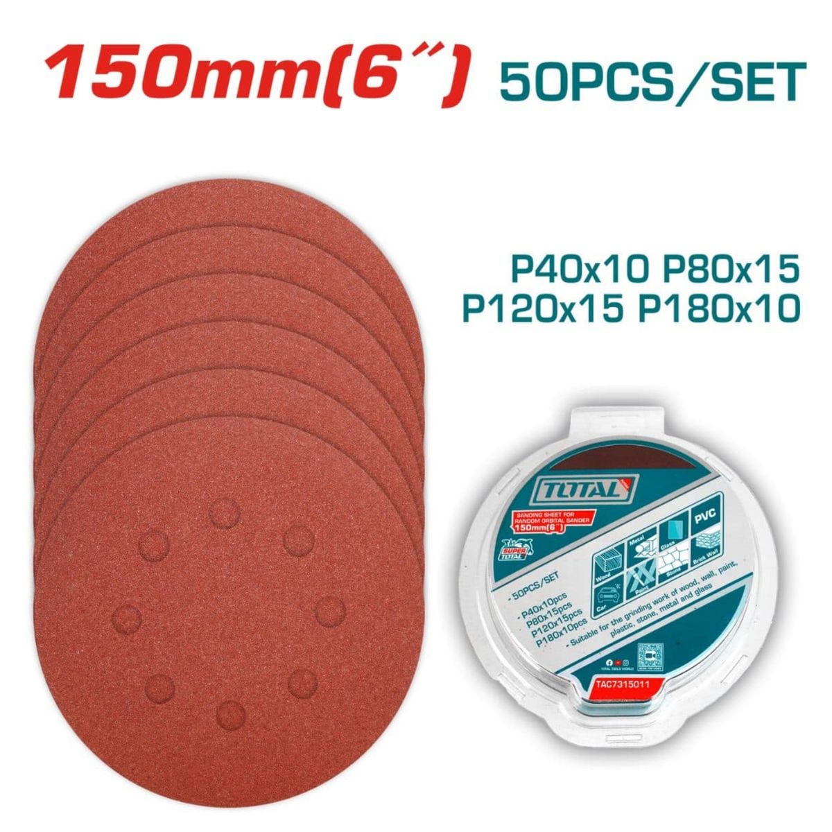 TOTAL TOOLS - LIJAS PARA LIJADORA ORBITAL JUEGO DE 50pcs Lija Redonda 6 TOTAL