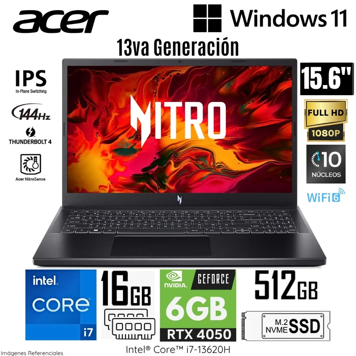 ACER - Laptop Acer Nitro V15 ANV15-51-711U Intel Core i7-13620H 16GB RAM 512GB SSD RTX 4050-6GB 15.6"  FHD