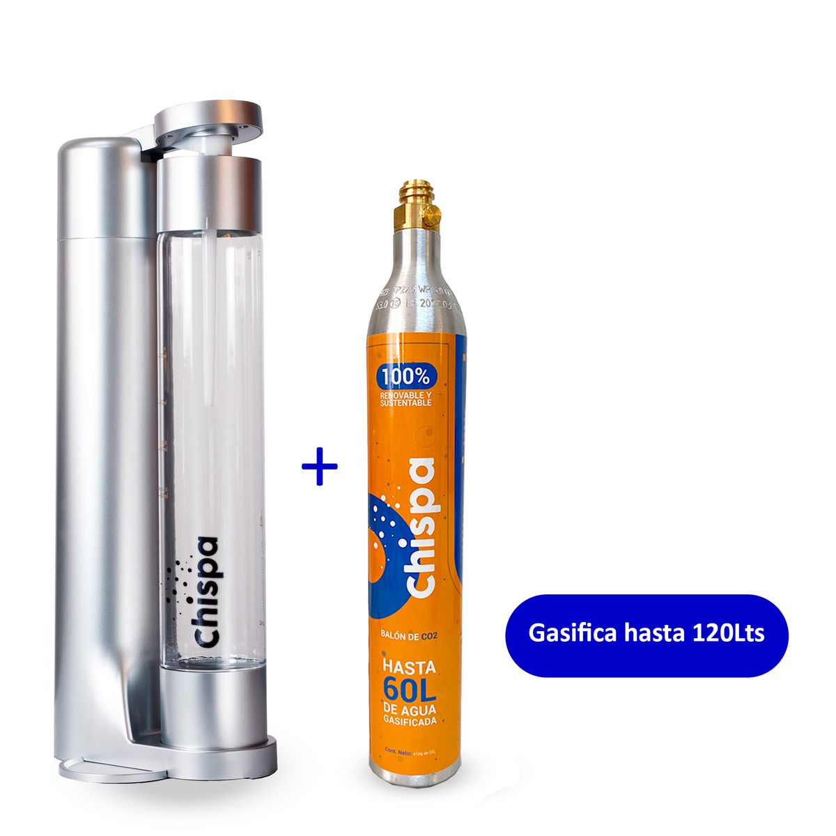 EDEN - Combo Gasificadora De Bebidas CHISPA Plateado+Tanque de Repuesto