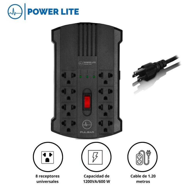 POWER LITE - Regulador de Voltaje Automático Power Lite 1200VA/600W 8 Salidas