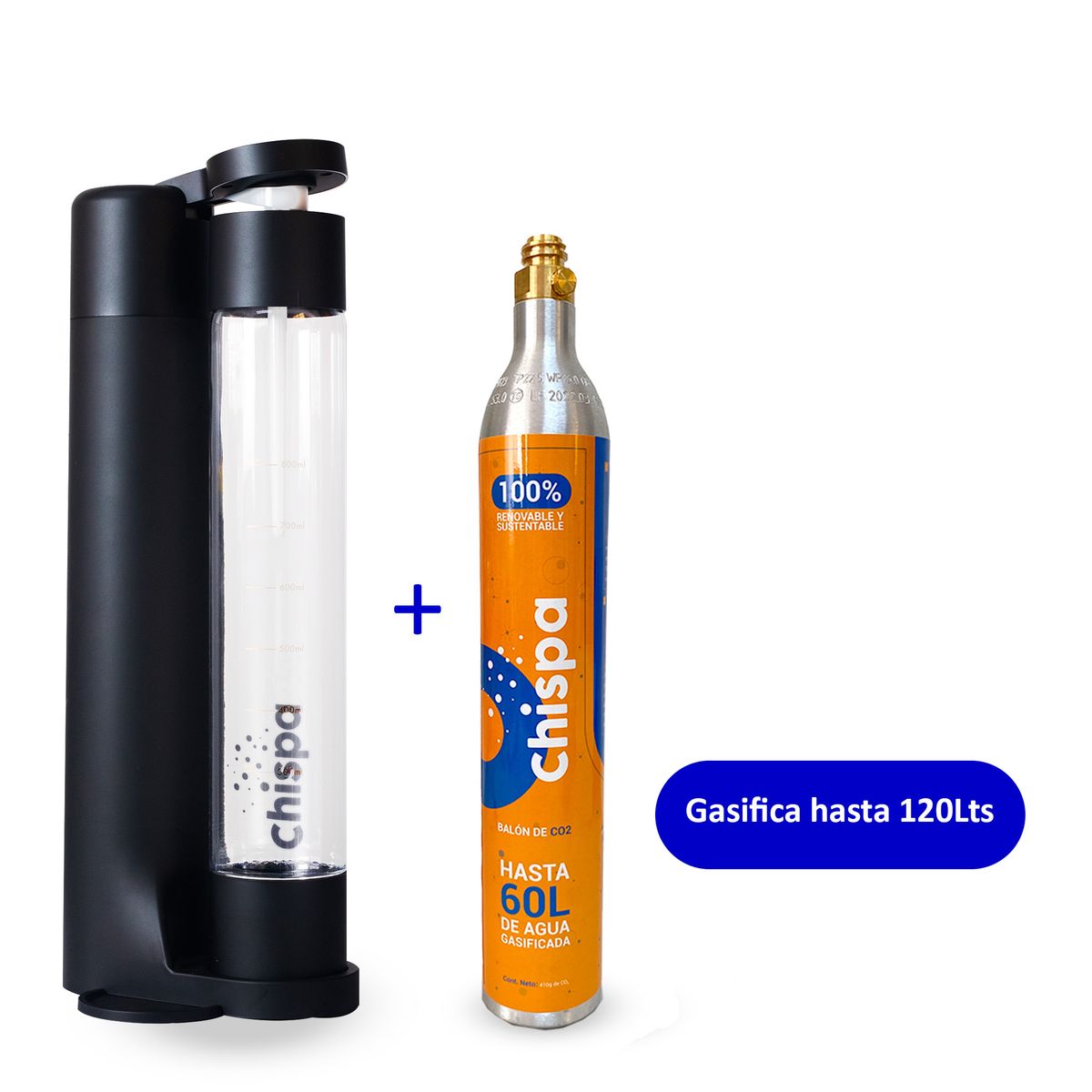 EDEN - Combo Gasificadora De Bebidas CHISPA Negro +Tanque de Repuesto