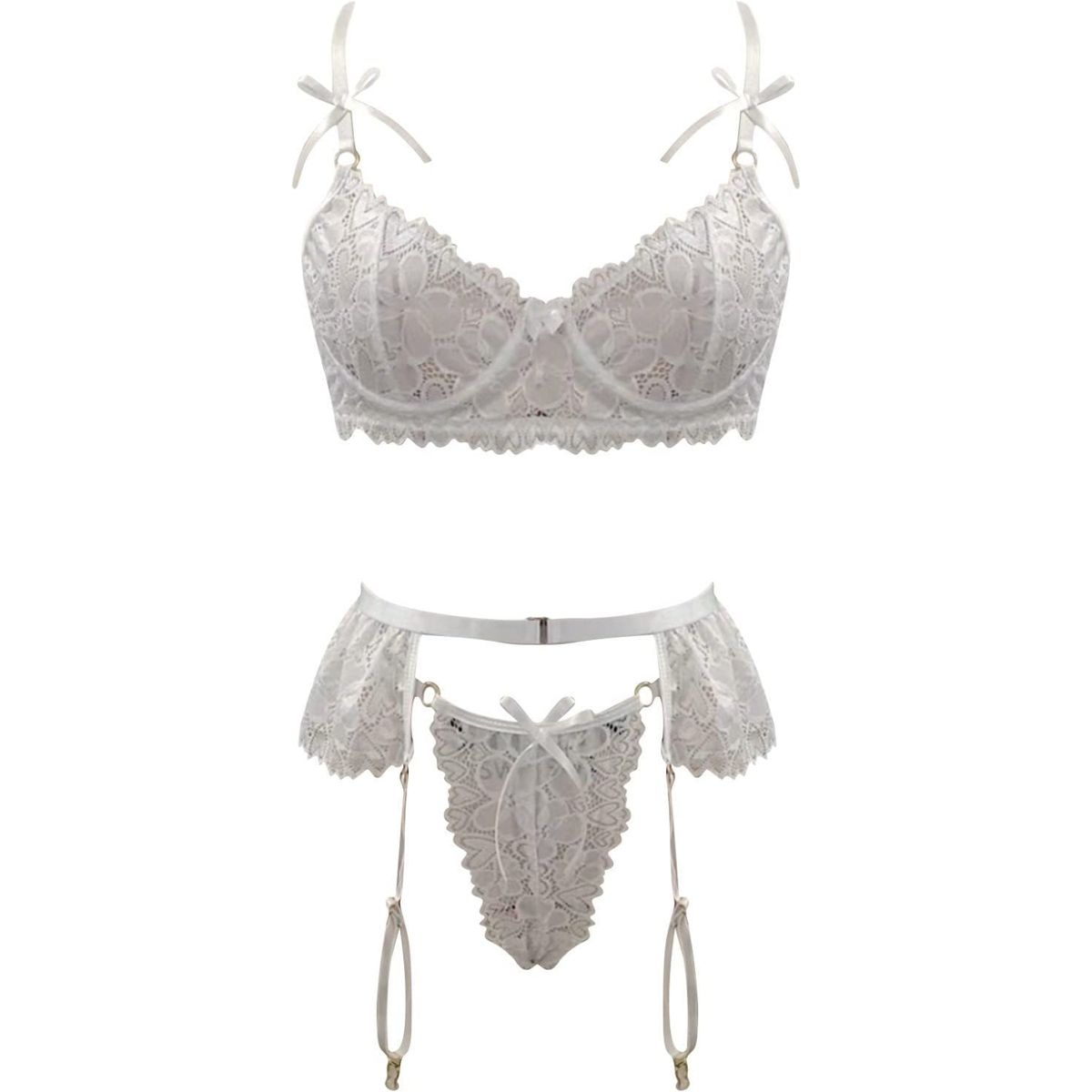 GENERICO - CONJUNTO DE LENCERÍA DE 3 PIEZAS – ENCAJE FLORAL & SATÉN