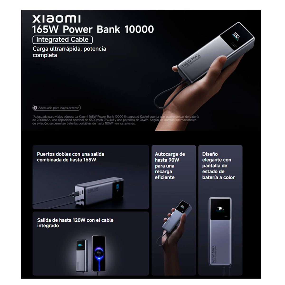 XIAOMI - Power Bank Xiaomi  165W Gray 10000mAh Cable Integrado