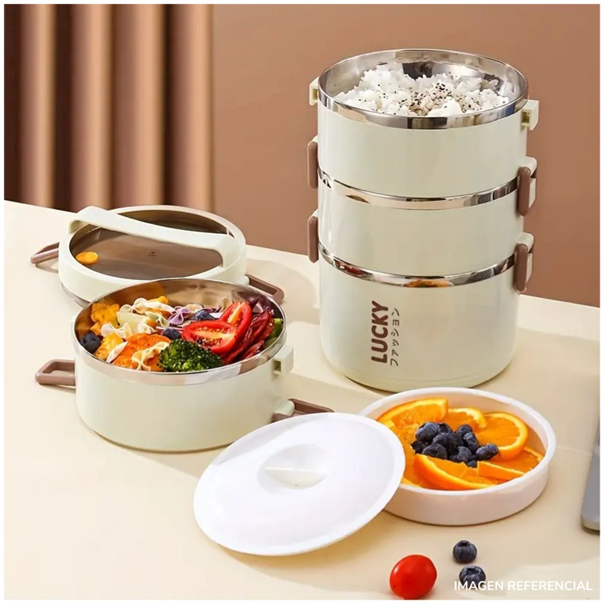 INSPIRA MARKET - Portaviandas Fiambrera Térmica 3 Niveles Lucky