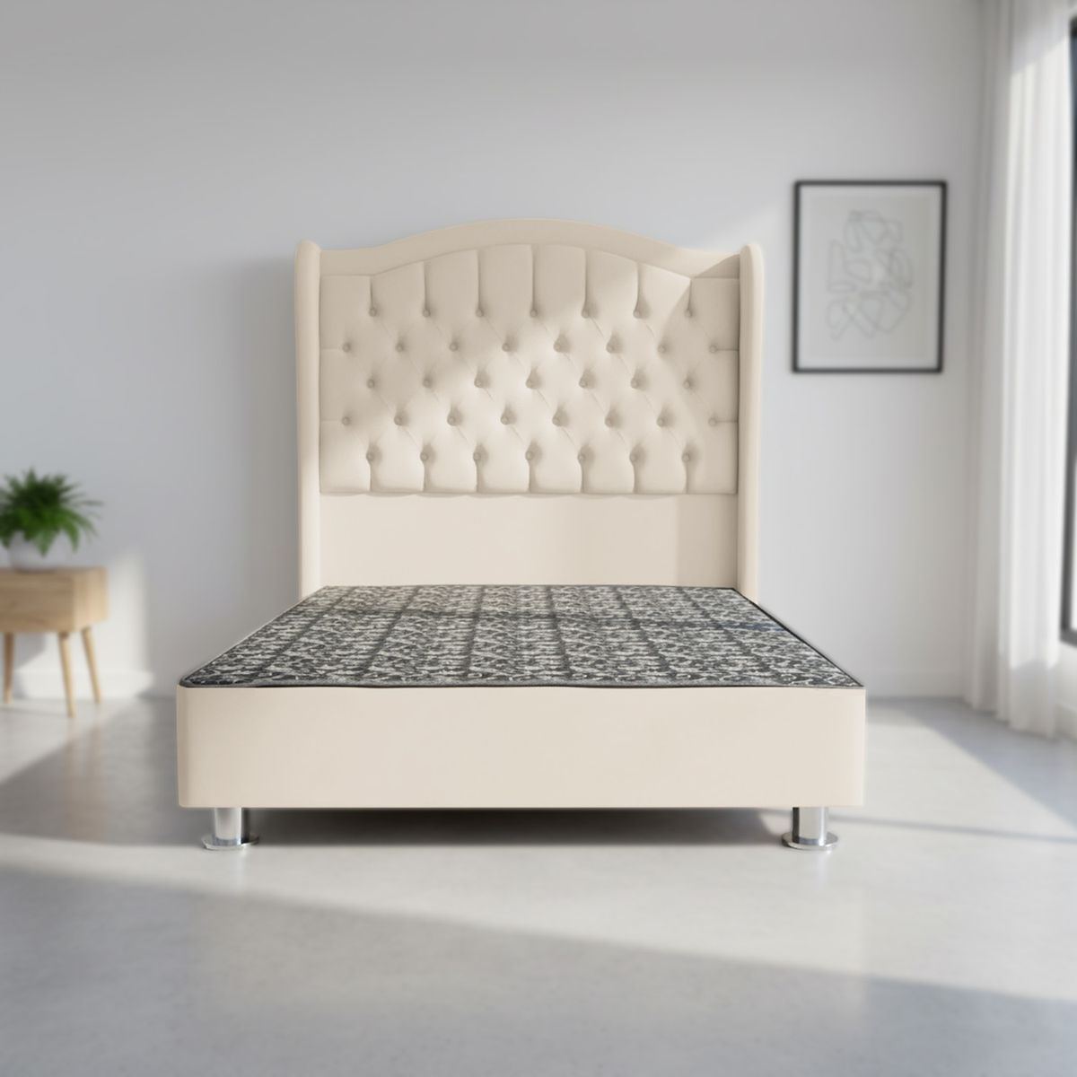 MUEBLES MACRUMO - Cama tapizada Princesa Queen - Color Beige claro